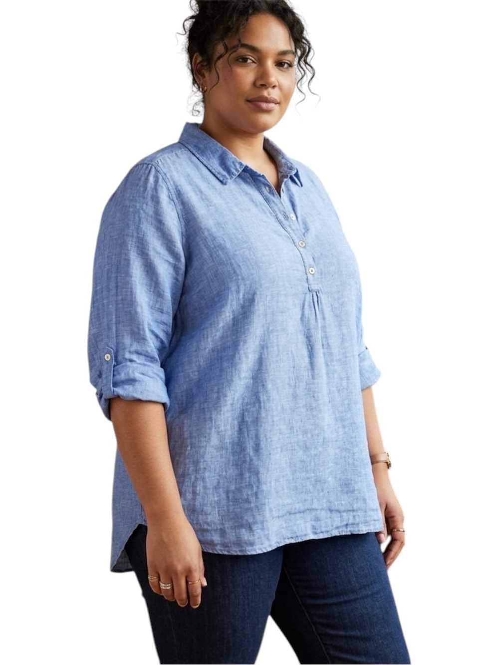 JNY 100% Linen Blue Quarter Button Collared Relaxed Popover Tunic Blouse Size 1X